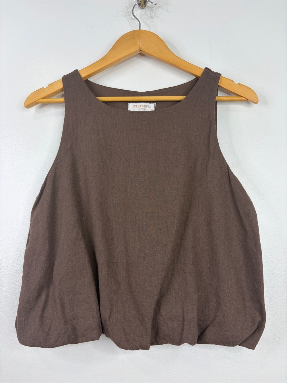 Spighe Di Lino Top Womens Small Brown Linen Cotton Cropped Bubble Hem Tank